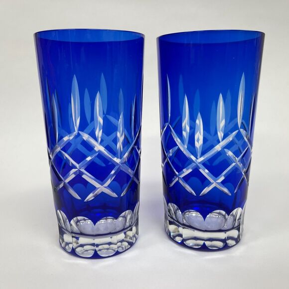 Cobalt Blue Clear Cut Glass Glasses Highball Bohemian 5 3/4